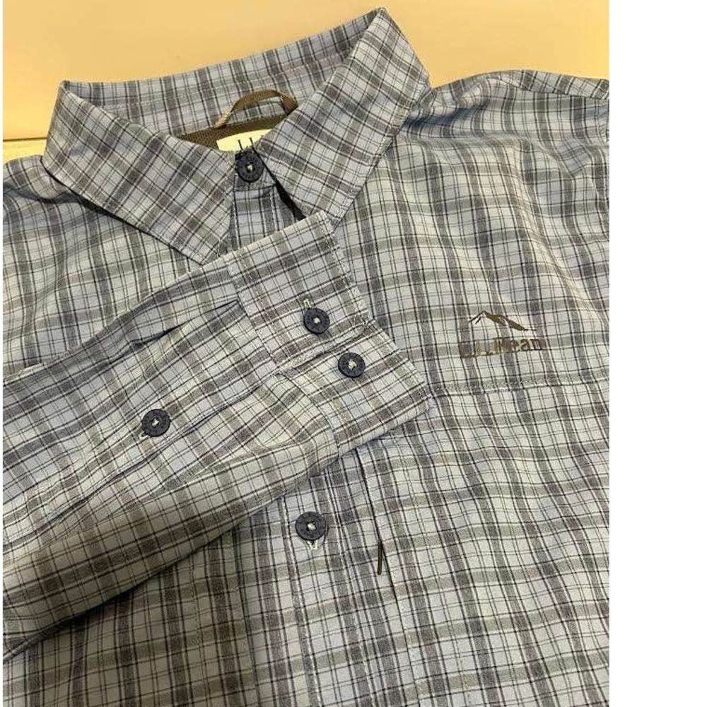 LL Bean Mens Plaid Technical Fishing Hiking Shirt Blue Grey M Reg 509832 Gorp